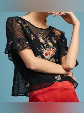 Maeve Anthropologie Embroidered Mesh XS Black Sheer Floral Boho Blouse Spring